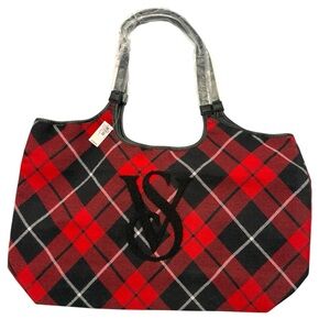 NWT New Victoria’s Secret Red Black Plaid Logo Shoulder Tote Bag Retails $59